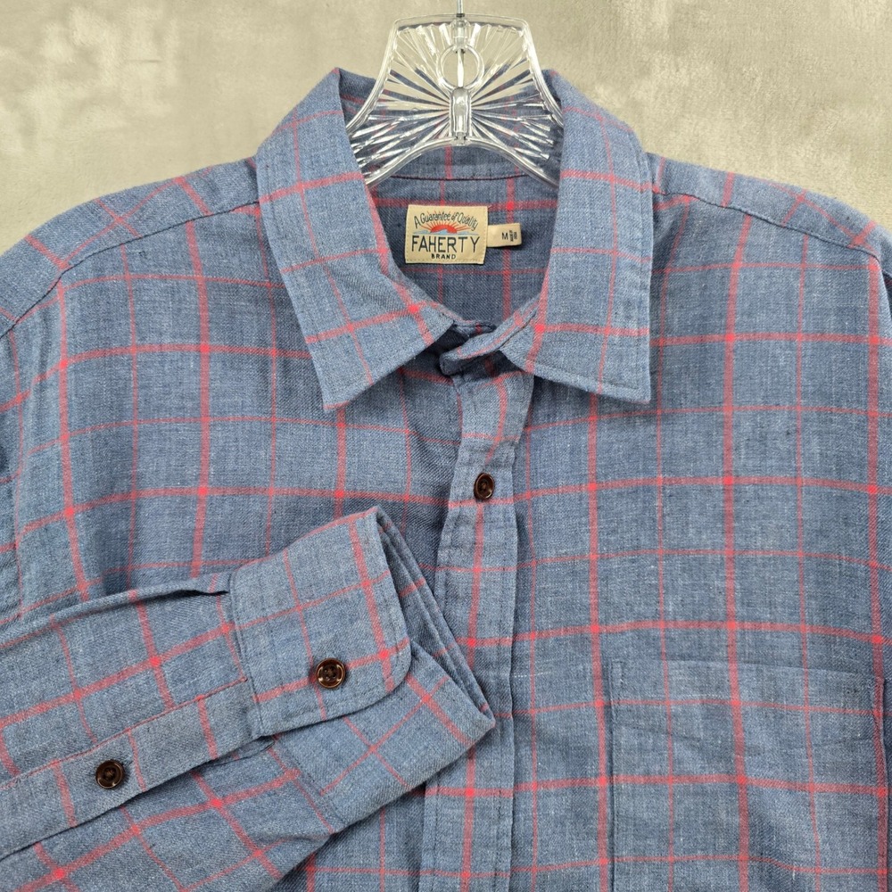 Faherty Button Down Shirt Mens Medium Blue Red Plaid Organic Cotton Flannel‎